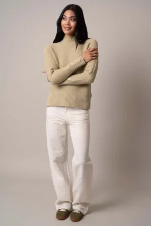 Mock Neck Pullover with Button Cuff