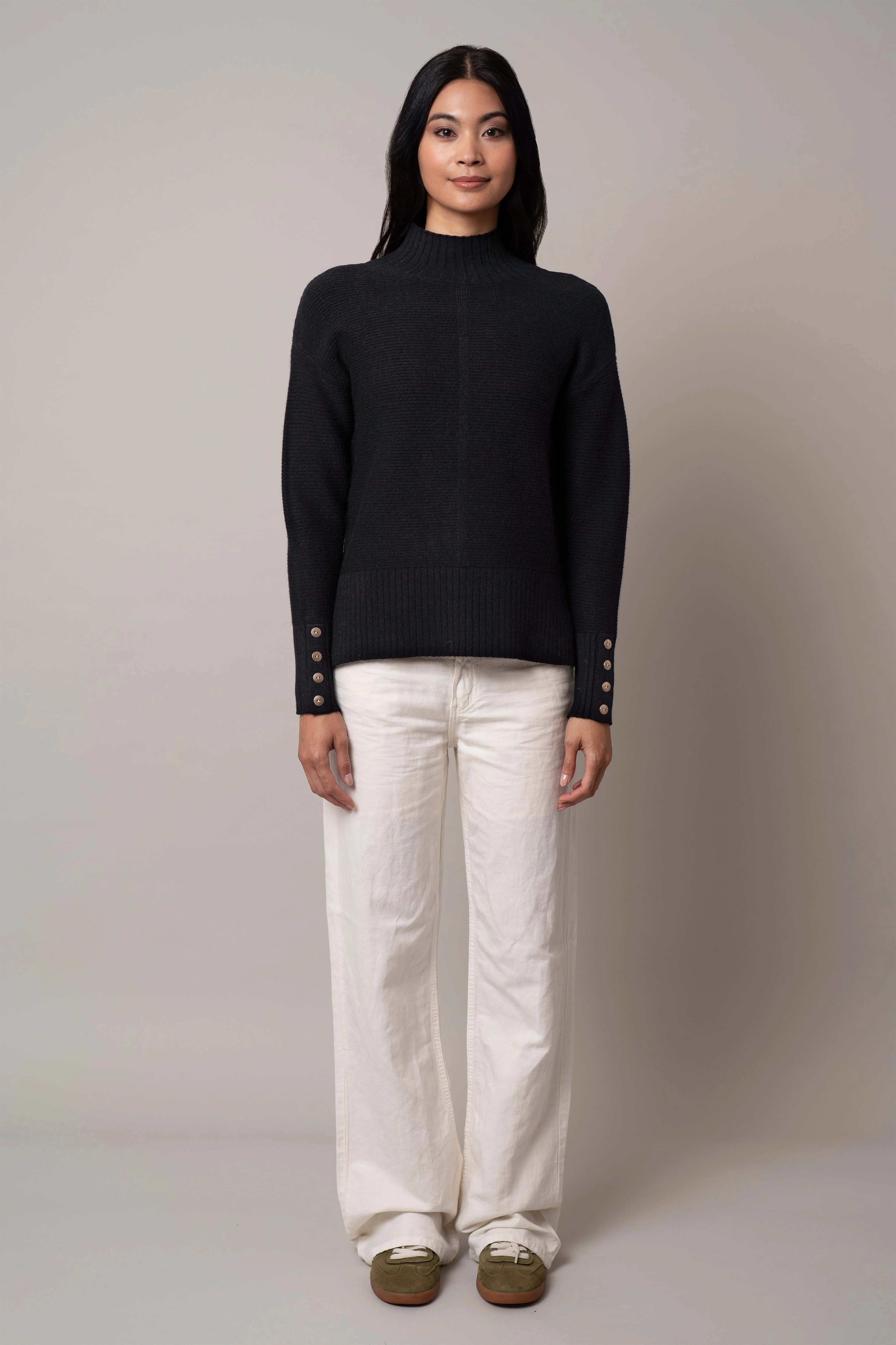 Mock Neck Pullover with Button Cuff