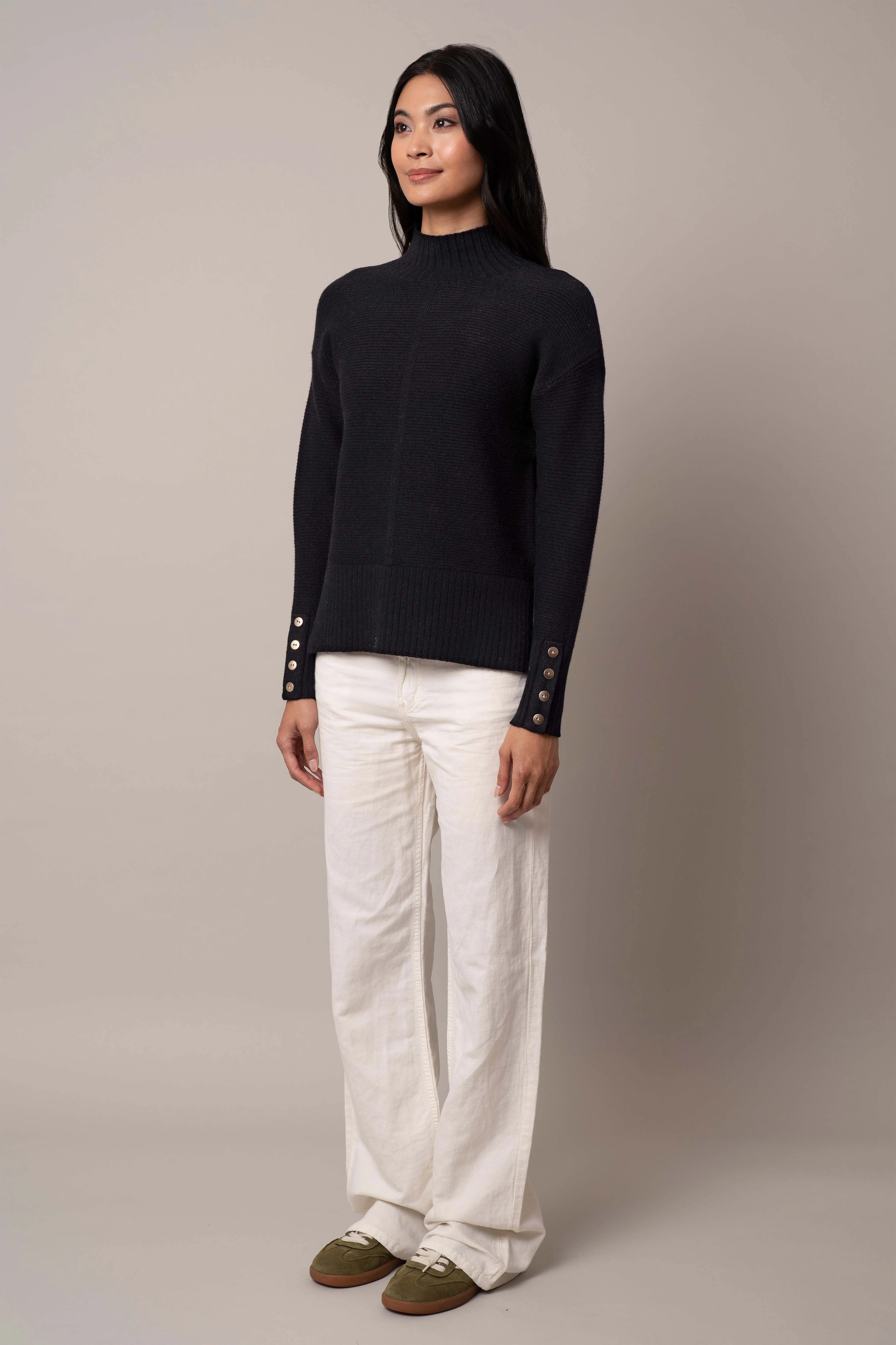 Mock Neck Pullover with Button Cuff