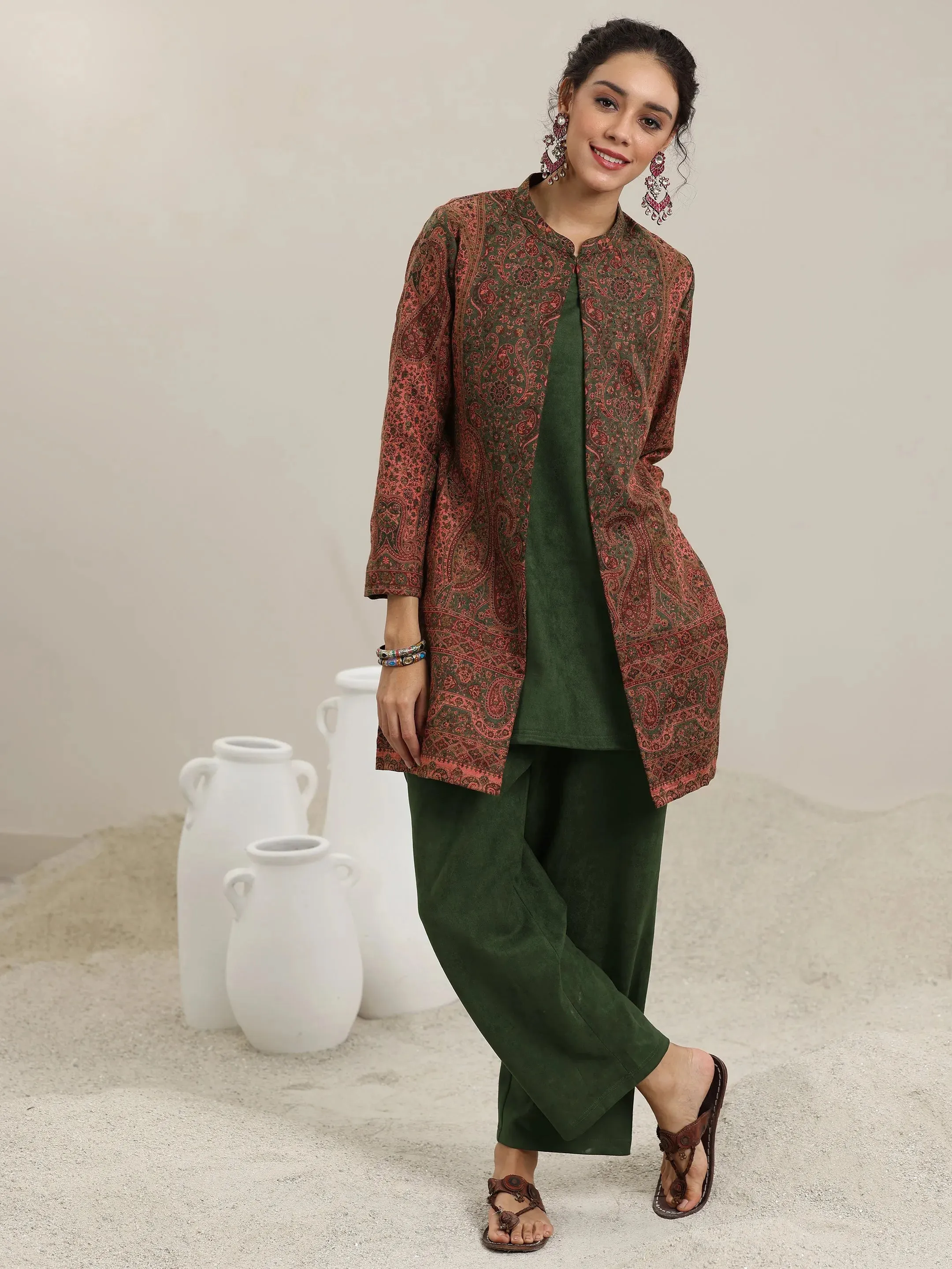 Olive Solid Wool Blend Straight Kurta With Palazzos