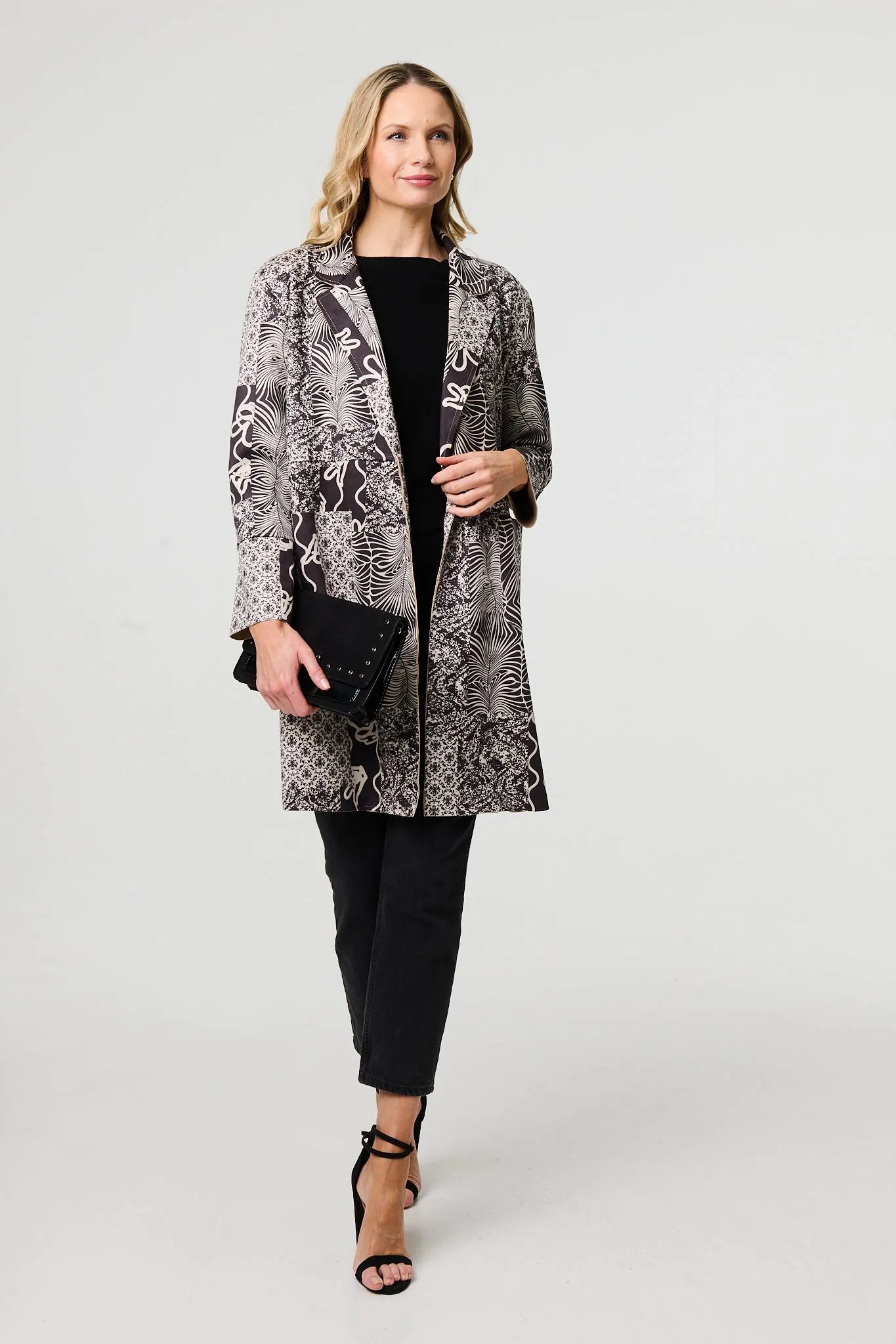 Patchwork Print Longline Blazer Jacket