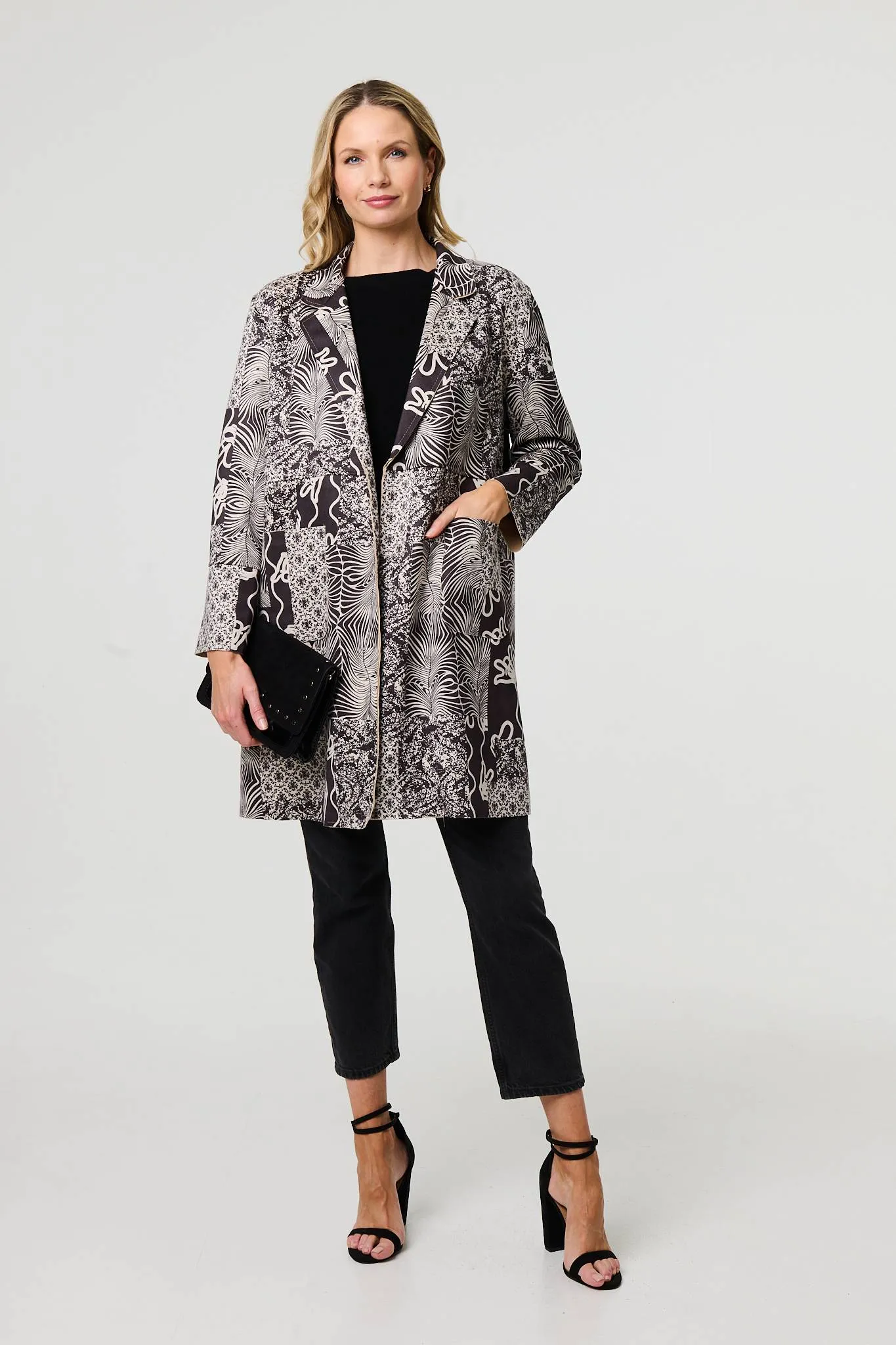 Patchwork Print Longline Blazer Jacket