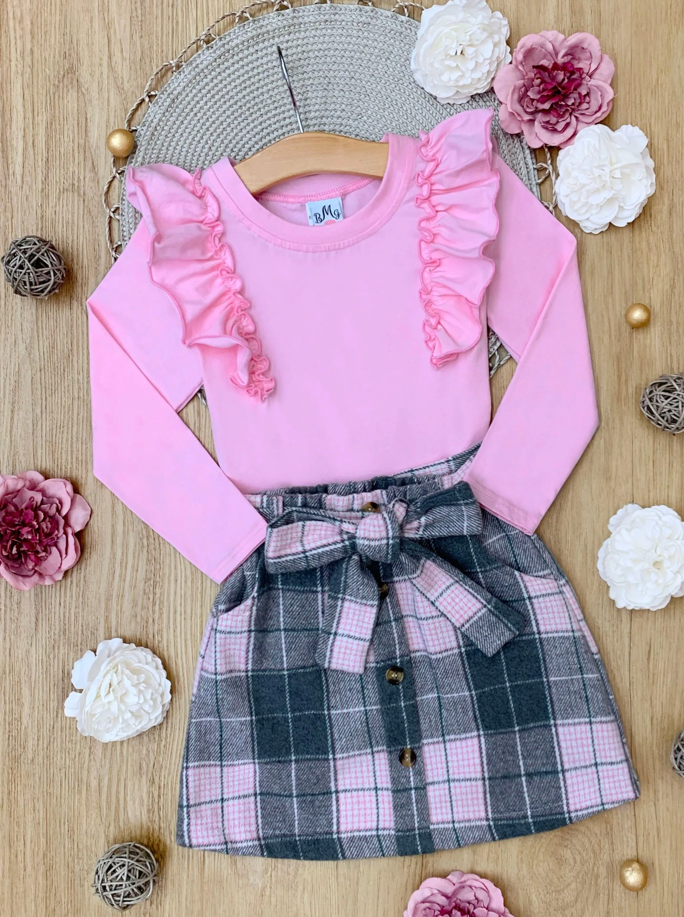 Pink Ruffles Top and Plaid Delight Brushed Fleece Skirt Set