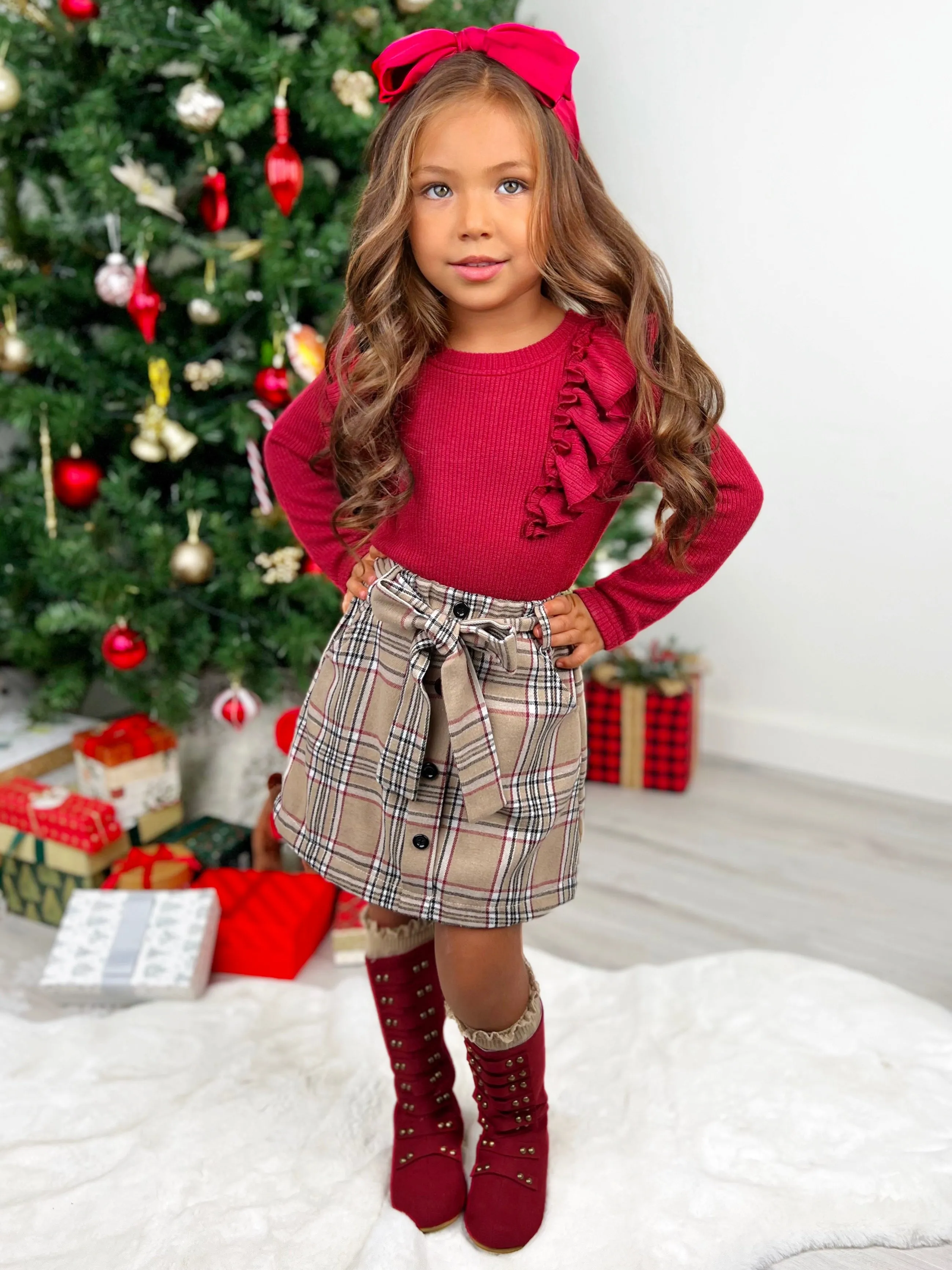 Plaid Chic Girls Ruffled Top and Brushed Fleece Skirt Set