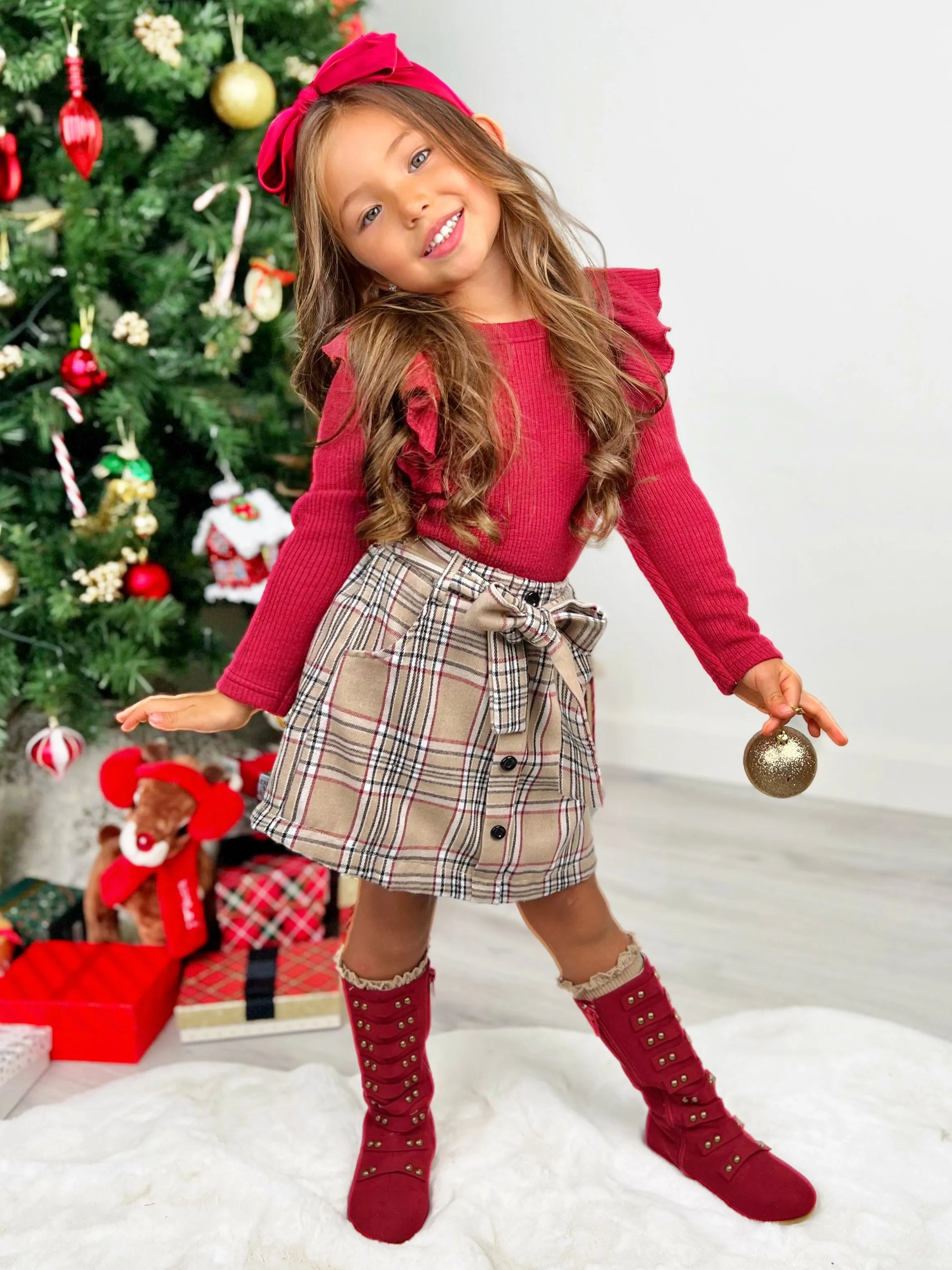 Plaid Chic Girls Ruffled Top and Brushed Fleece Skirt Set