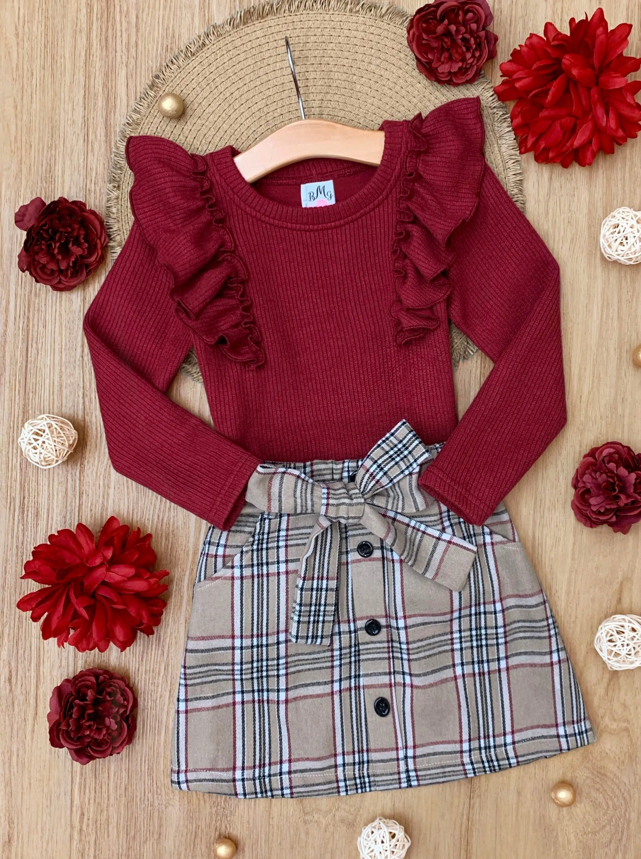 Plaid Chic Girls Ruffled Top and Brushed Fleece Skirt Set