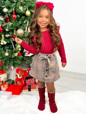 Plaid Chic Girls Ruffled Top and Brushed Fleece Skirt Set