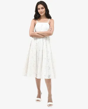 Rareism Women Calvert White Cotton Fabric Noodle Strap Off Shoulder Solid Longline Dress