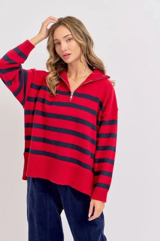 Red/Navy Striped Zip-Front Oversized Pullover Knit Sweater