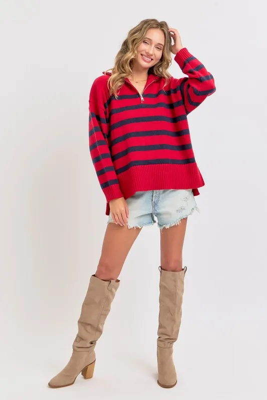 Red/Navy Striped Zip-Front Oversized Pullover Knit Sweater