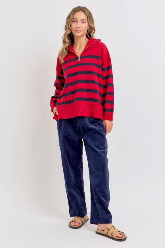 Red/Navy Striped Zip-Front Oversized Pullover Knit Sweater