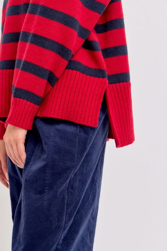 Red/Navy Striped Zip-Front Oversized Pullover Knit Sweater