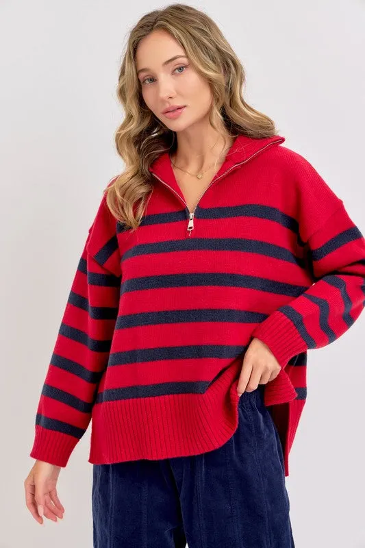 Red/Navy Striped Zip-Front Oversized Pullover Knit Sweater