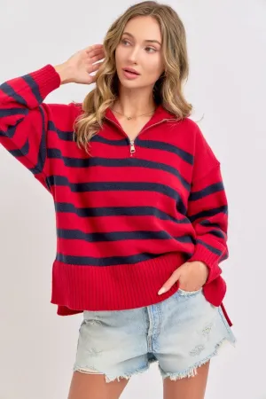 Red/Navy Striped Zip-Front Oversized Pullover Knit Sweater