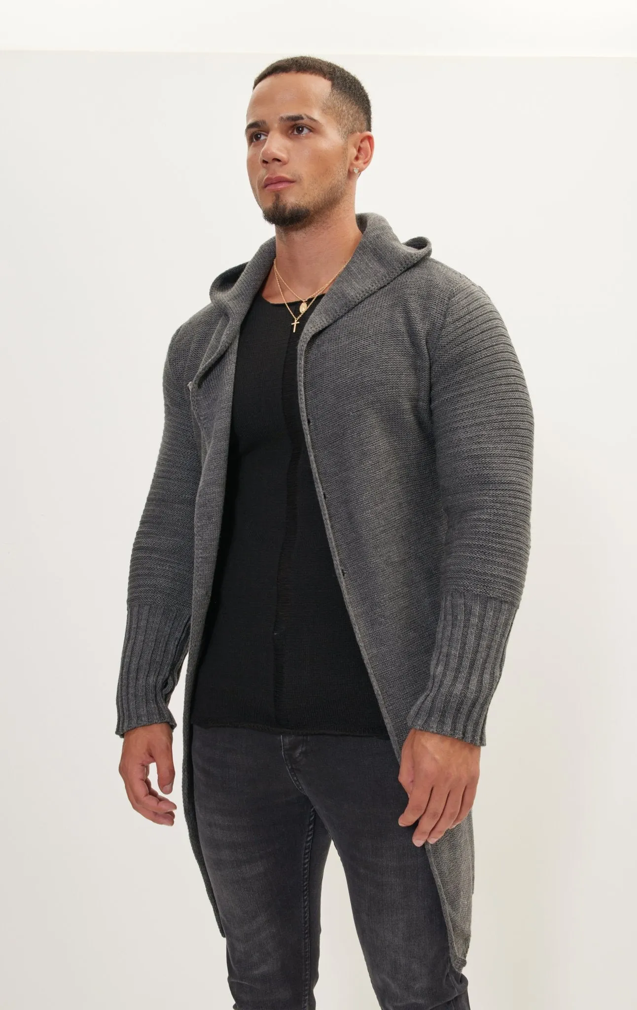 Ribbed Sleeves Fitted Cardigan - Anthracite