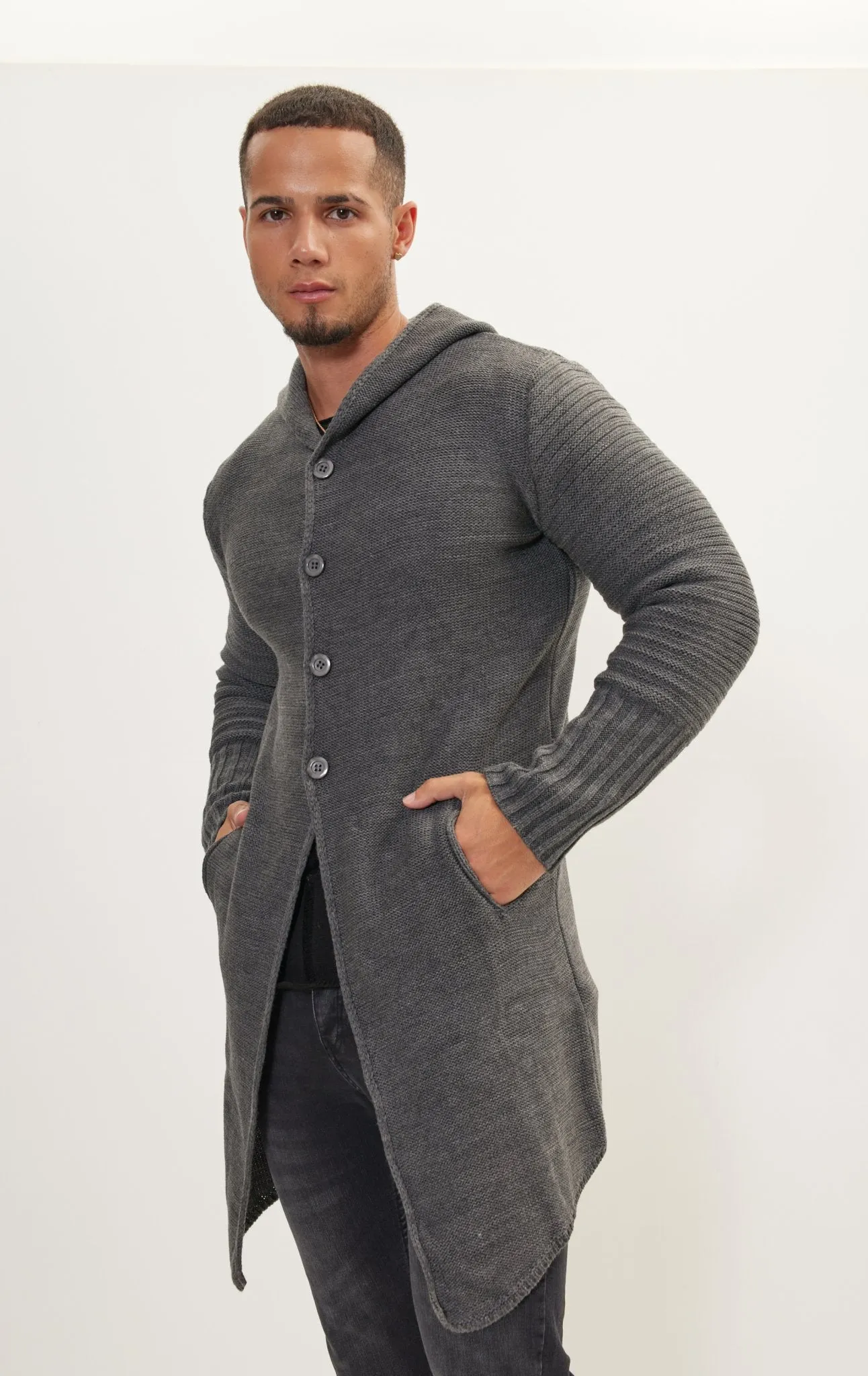 Ribbed Sleeves Fitted Cardigan - Anthracite