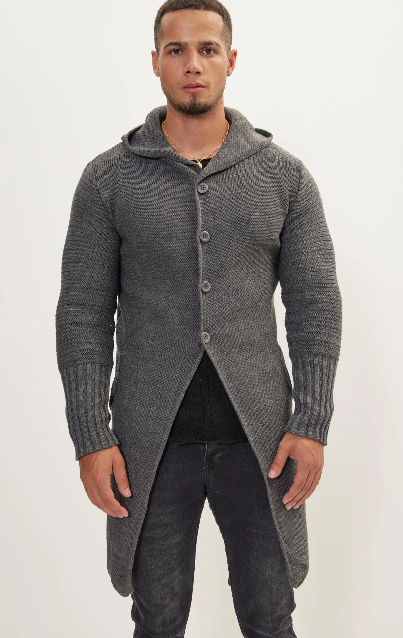 Ribbed Sleeves Fitted Cardigan - Anthracite