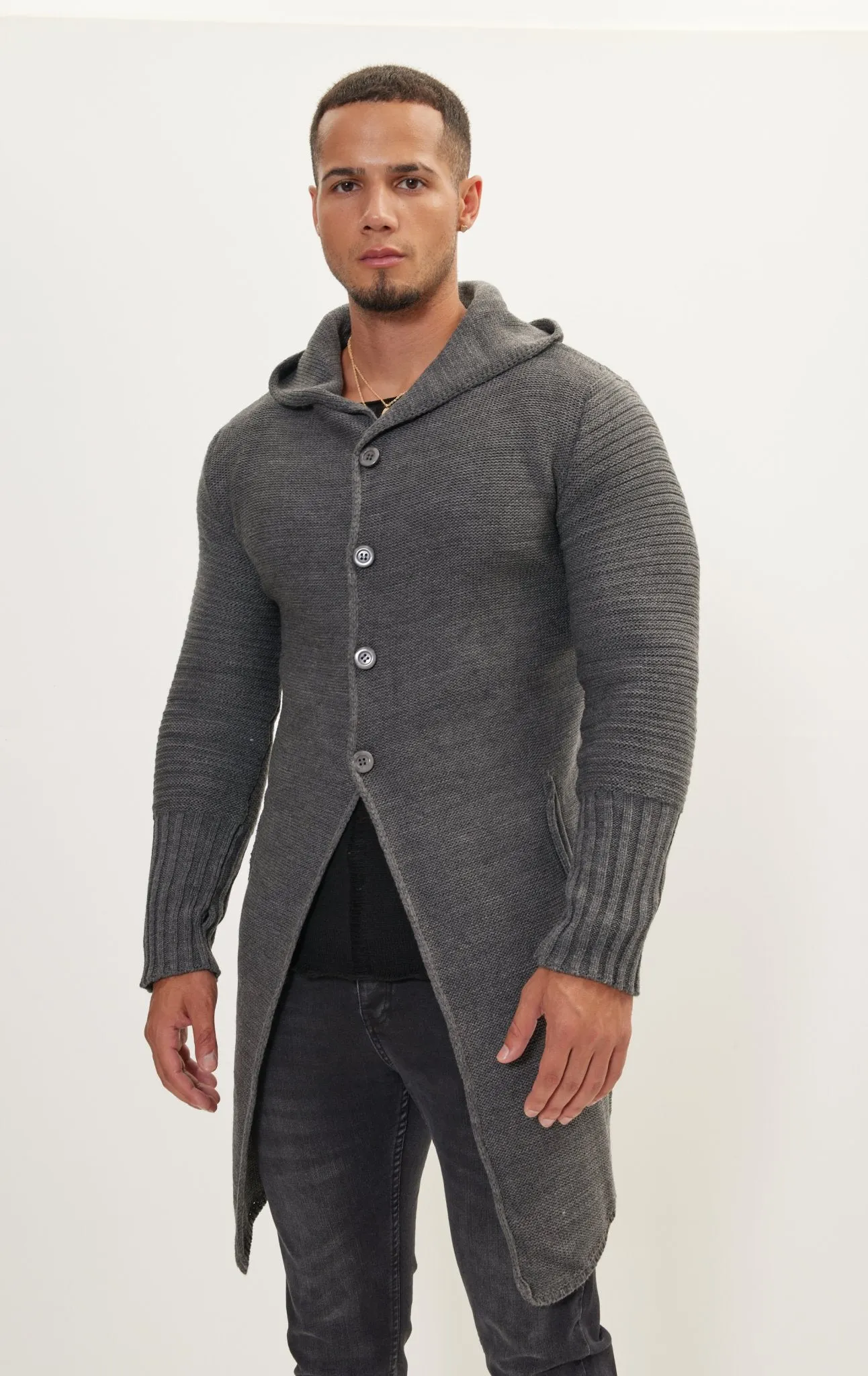 Ribbed Sleeves Fitted Cardigan - Anthracite