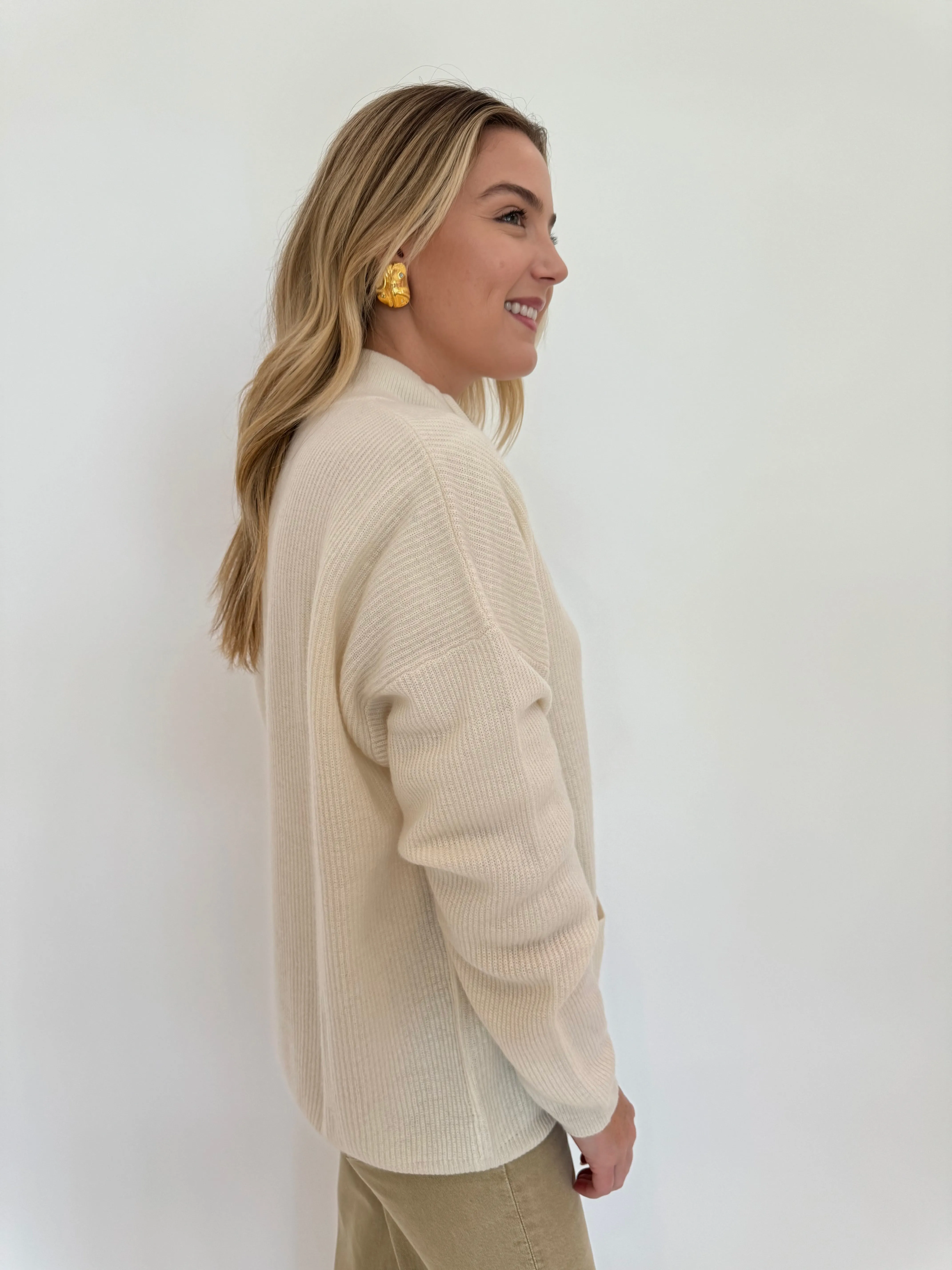 Ringo Rib Bomber Cardigan - Organic White