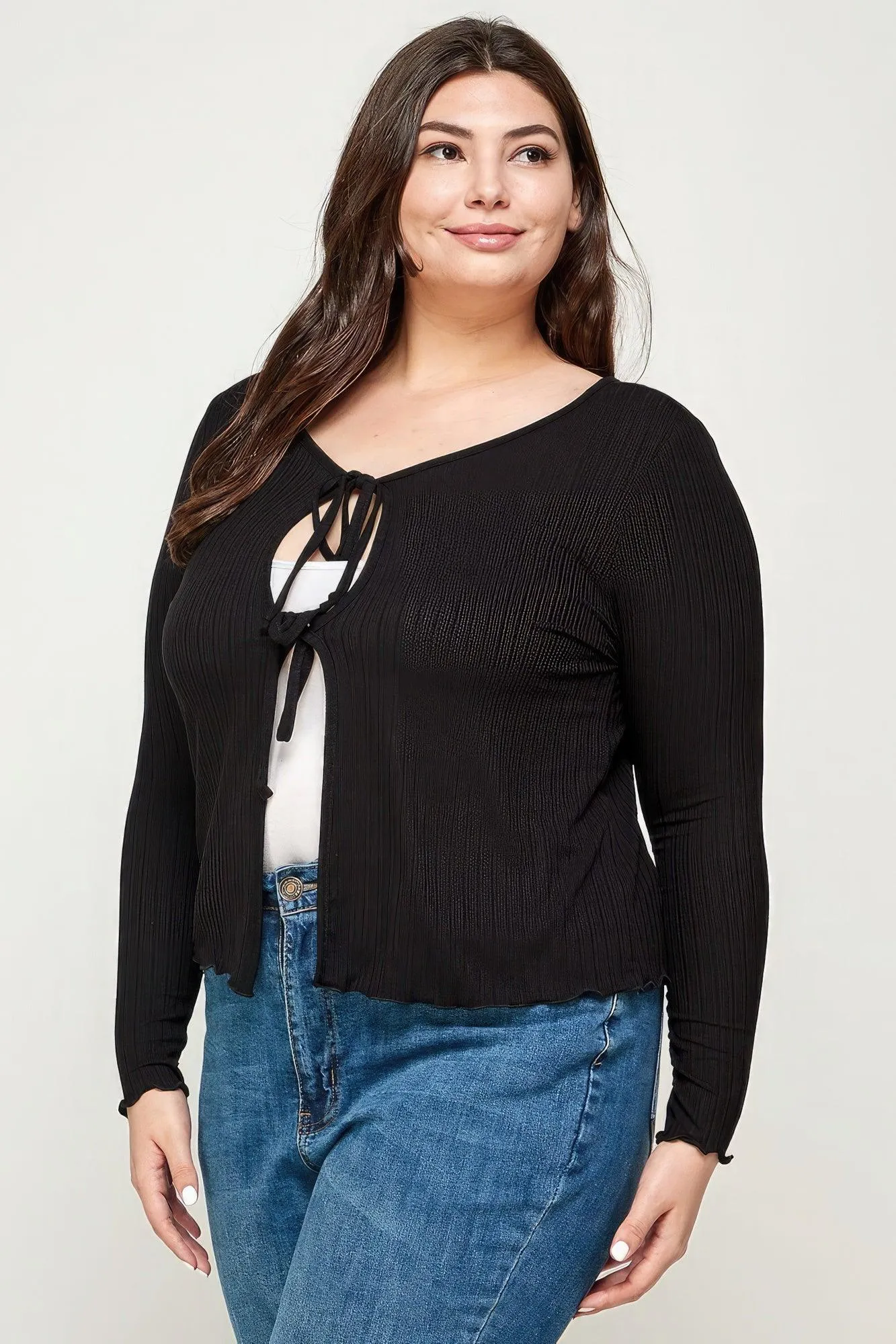 Solid Black Ribbed Pointelle Cardigan