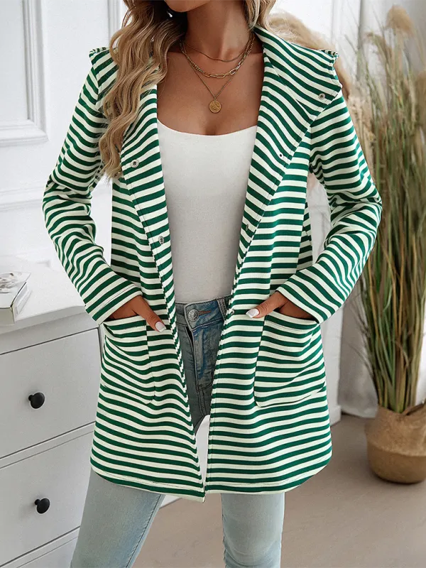 Stripped Hooded Coat with Snap Buttons for Casual Outings