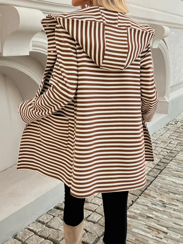 Stripped Hooded Coat with Snap Buttons for Casual Outings