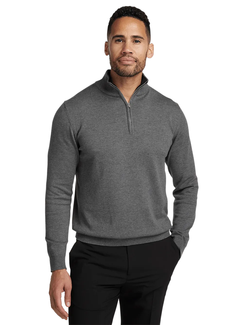 Supima Cotton Quarter Zip Mock Neck Sweater - Medium Grey