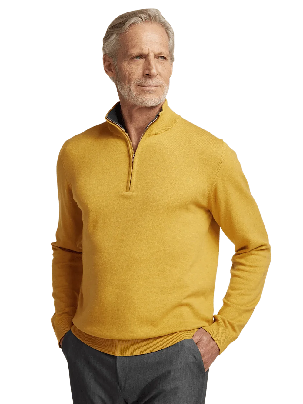 Supima Cotton Quarter Zip Mock Neck Sweater - Mustard