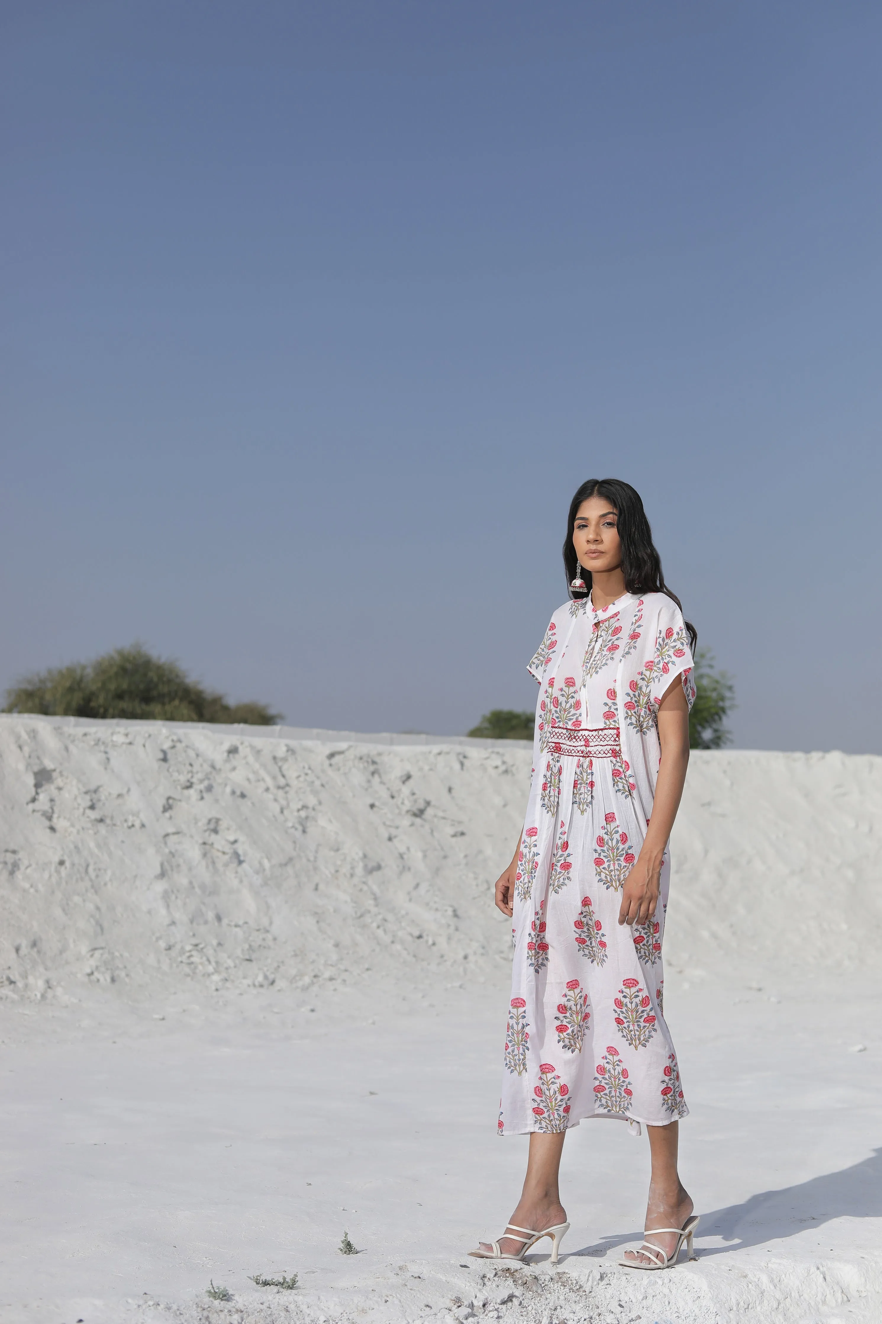 White Club Collar Midi Dress with Pinkish Florals