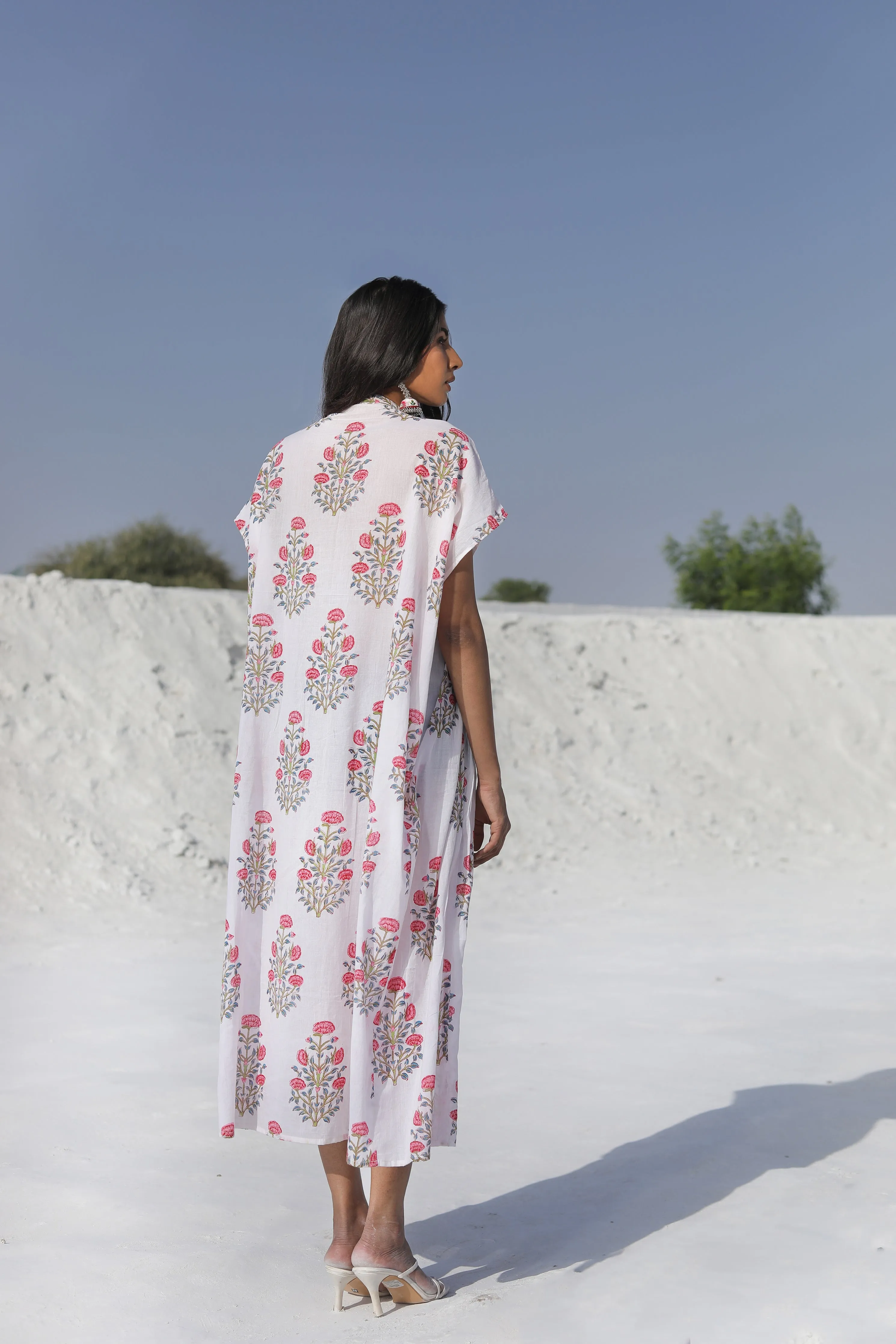 White Club Collar Midi Dress with Pinkish Florals