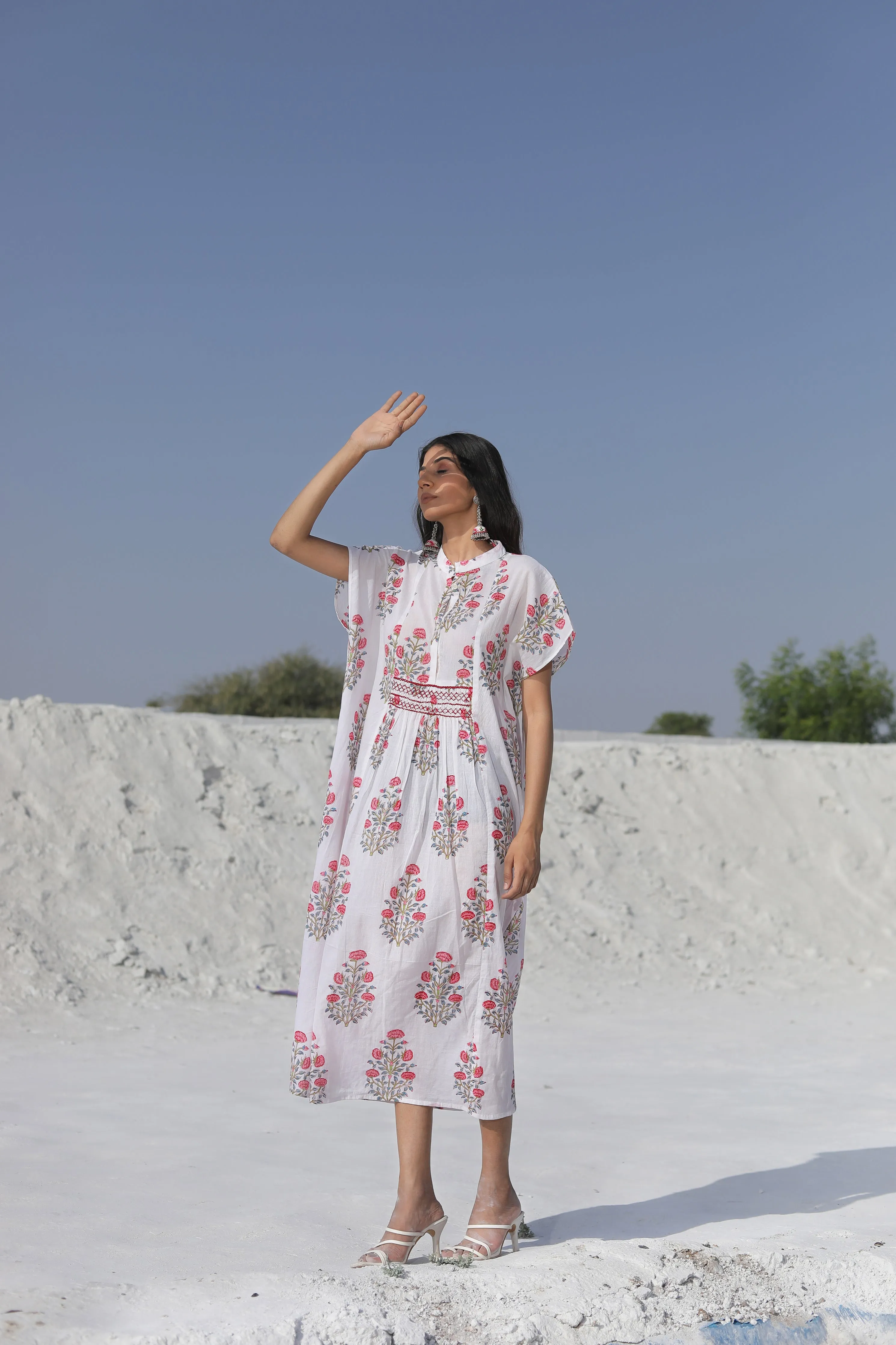 White Club Collar Midi Dress with Pinkish Florals