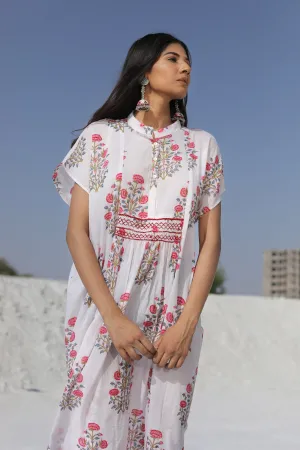 White Club Collar Midi Dress with Pinkish Florals