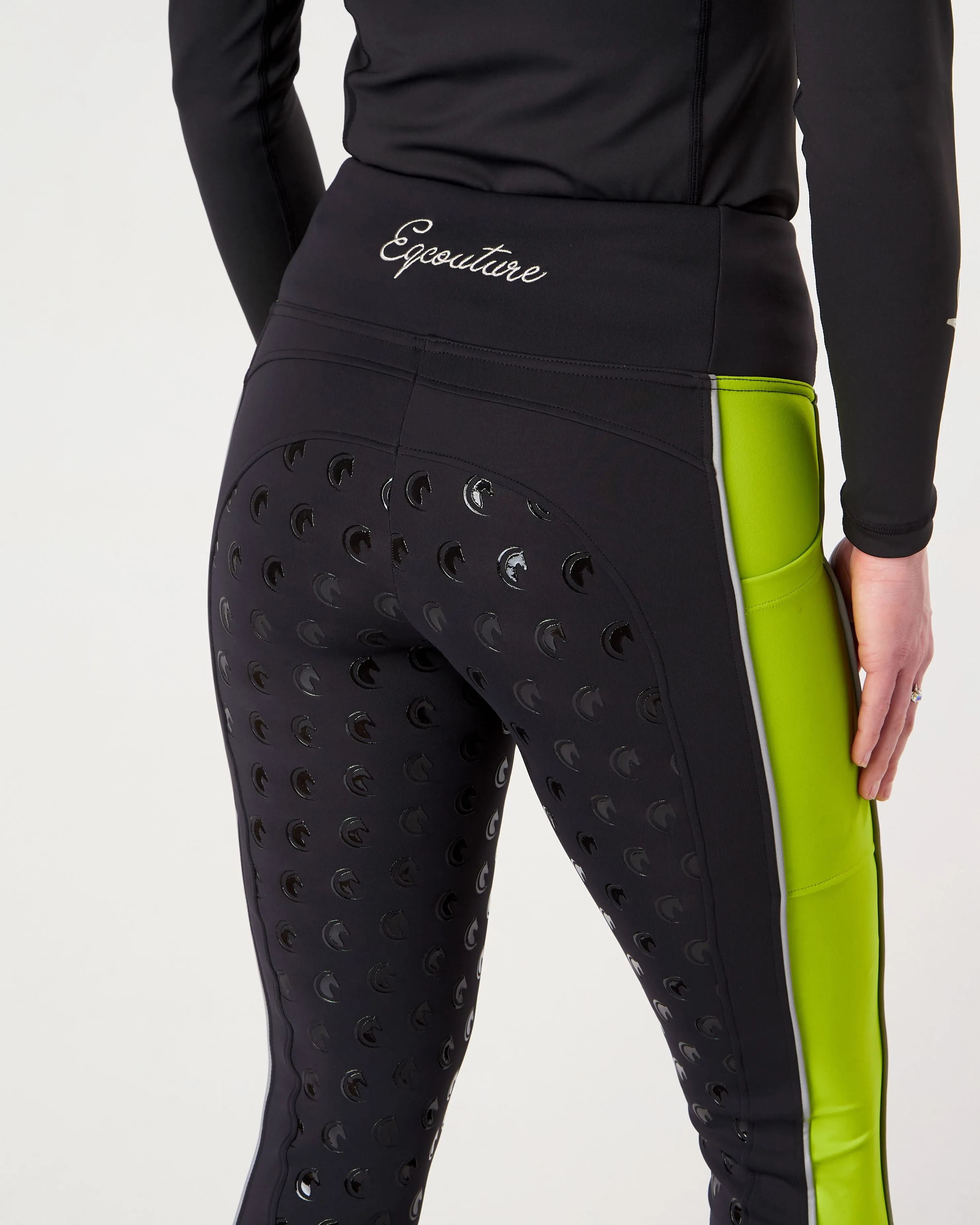 WINTER Thermal Reflective Horse Riding Leggings Tights- Black/Hi-Vis (Hi Viz) WATER RESISTANT