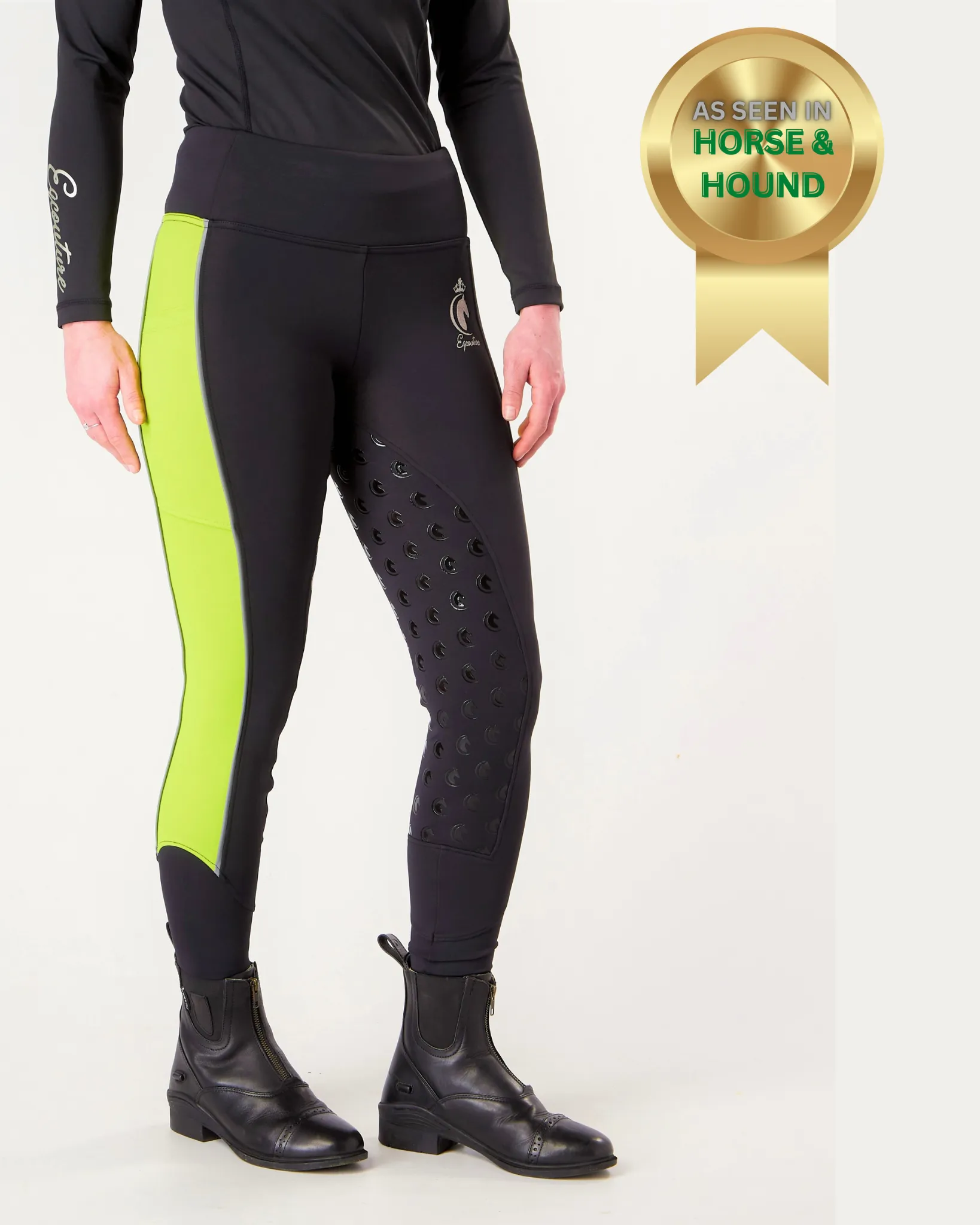 WINTER Thermal Reflective Horse Riding Leggings Tights- Black/Hi-Vis (Hi Viz) WATER RESISTANT