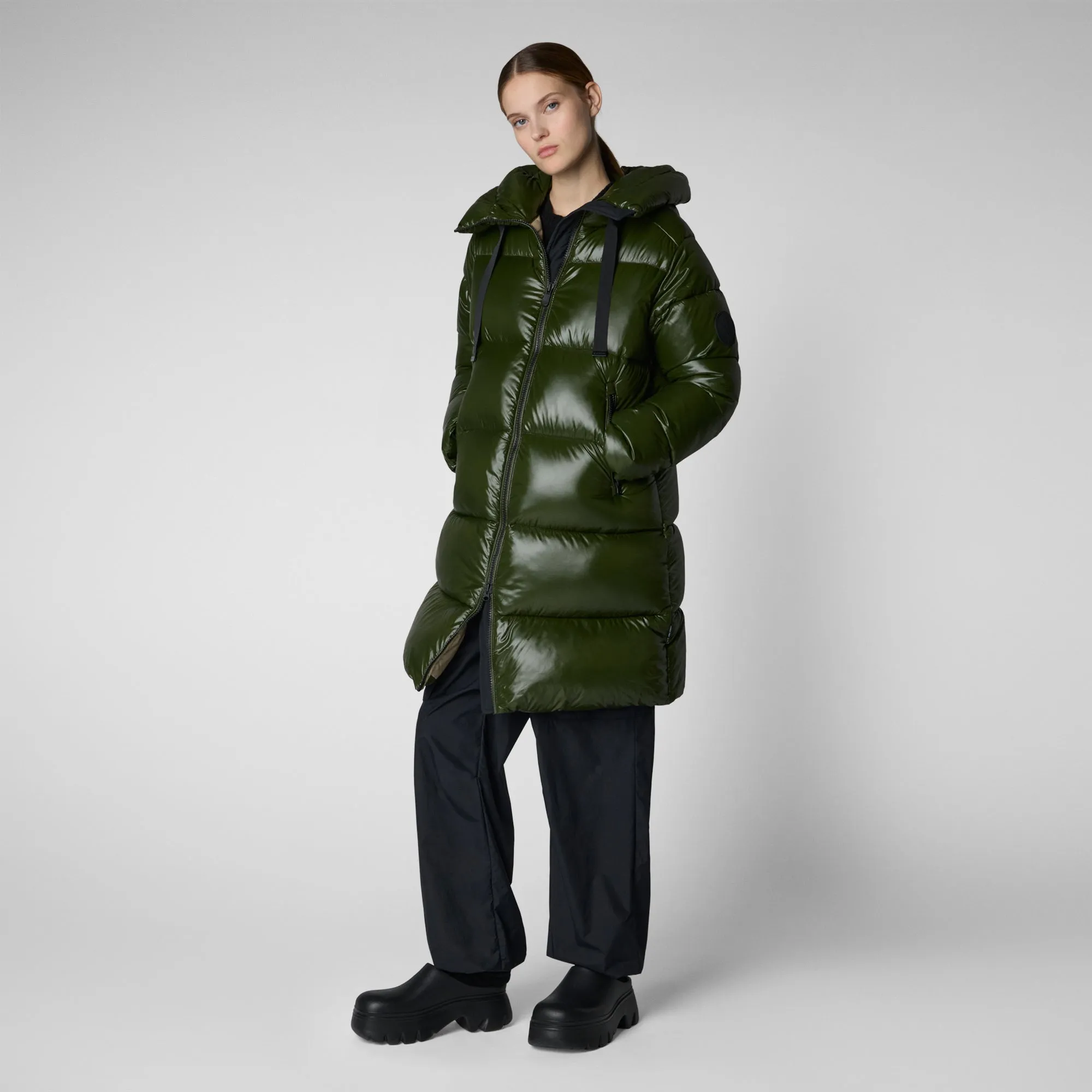 Woman's animal free hooded puffer jacket Isabel in pine green