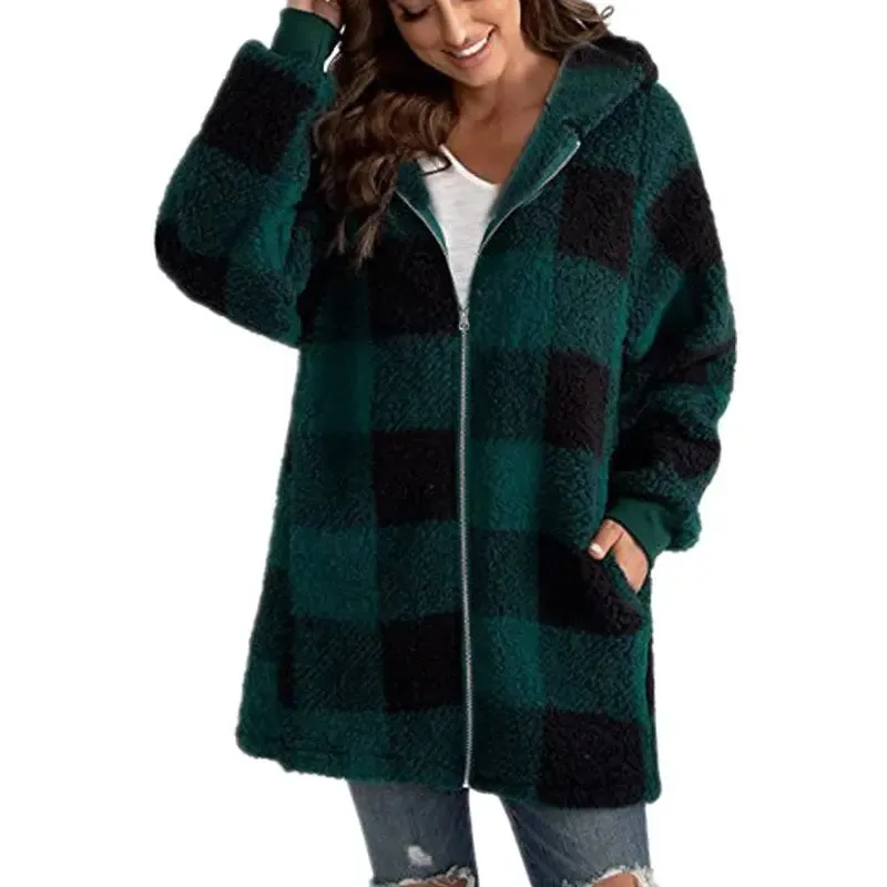 Women's coat 2024 new Amazon long sleeve plaid hooded zipper with pockets loose coat