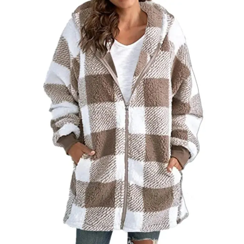 Women's coat 2024 new Amazon long sleeve plaid hooded zipper with pockets loose coat