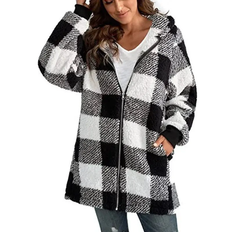 Women's coat 2024 new Amazon long sleeve plaid hooded zipper with pockets loose coat