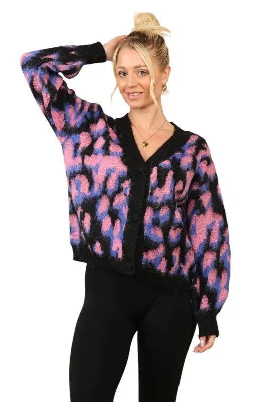 Women’s Multi-Contrast Print Cardigan – Pink, Purple & Black, One Size (UK 8-14)