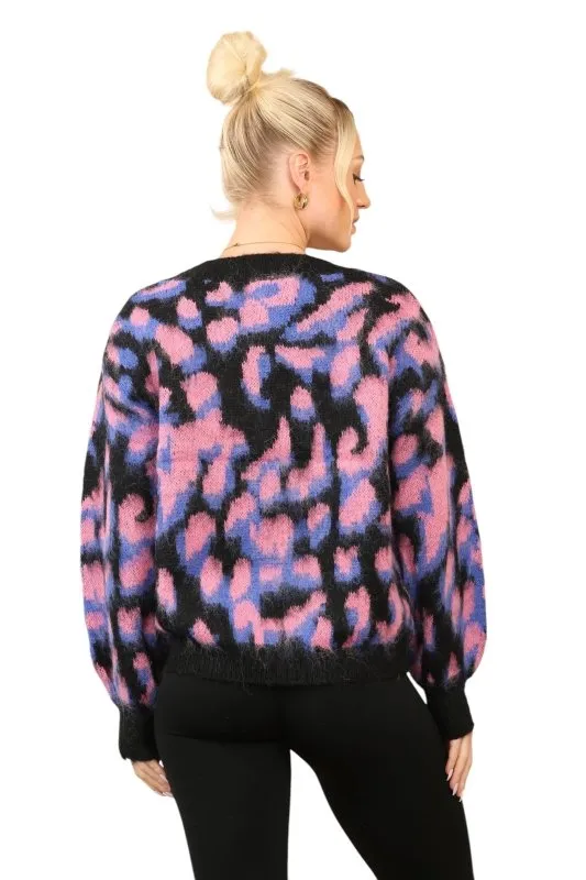 Women’s Multi-Contrast Print Cardigan – Pink, Purple & Black, One Size (UK 8-14)