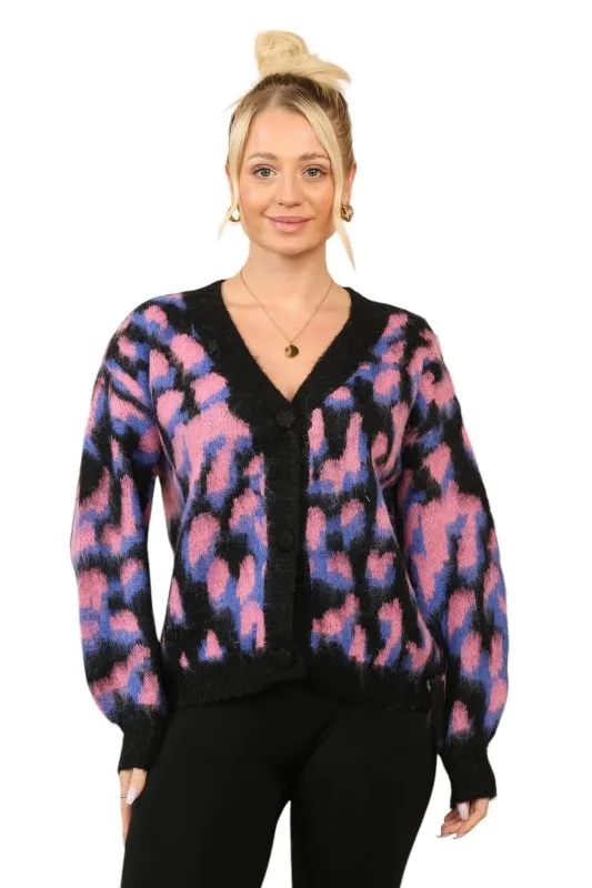 Women’s Multi-Contrast Print Cardigan – Pink, Purple & Black, One Size (UK 8-14)