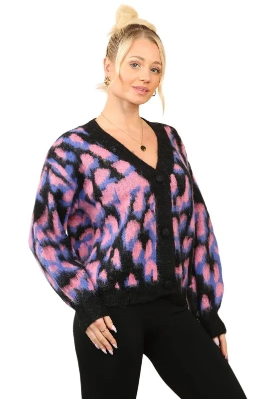 Women’s Multi-Contrast Print Cardigan – Pink, Purple & Black, One Size (UK 8-14)